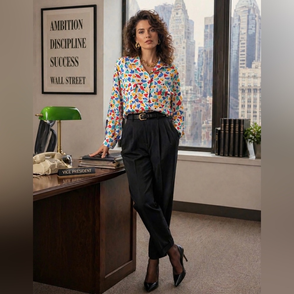 Vintage Women’s Multicolor Abstract Artsy Print Button-Up Blouse